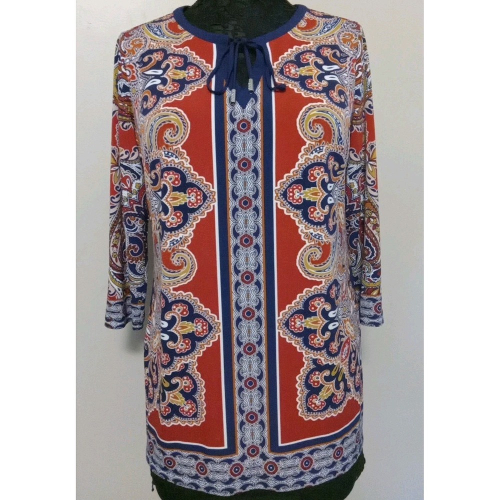 Susan Graver Multicolor Pattern 3/4 Sleeve Tunic Liquid Knit‎ Top Size S